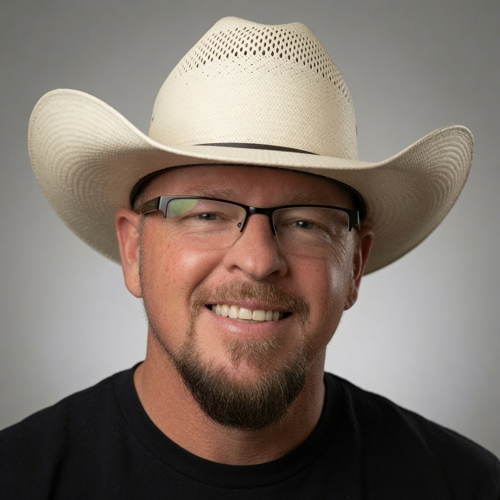 Riley Epperson wearing a white cowboy hat and glasses