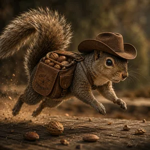A squirrel in a cowboy hat with a bag of nuts, scurrying